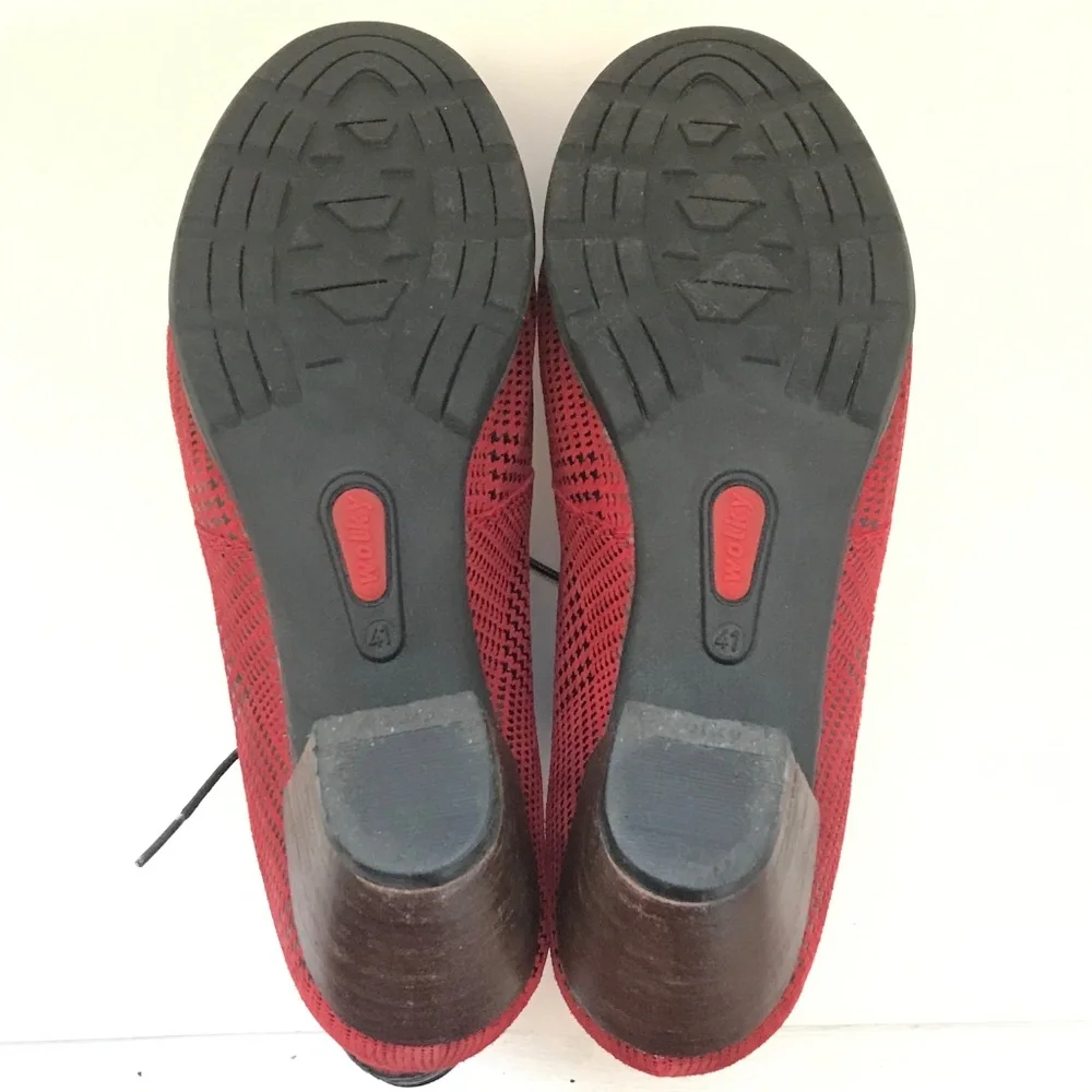 WOLKY Suede Lace-Up Booties Red Black Jacquerie Heeled Boots Women’s Size 9.5